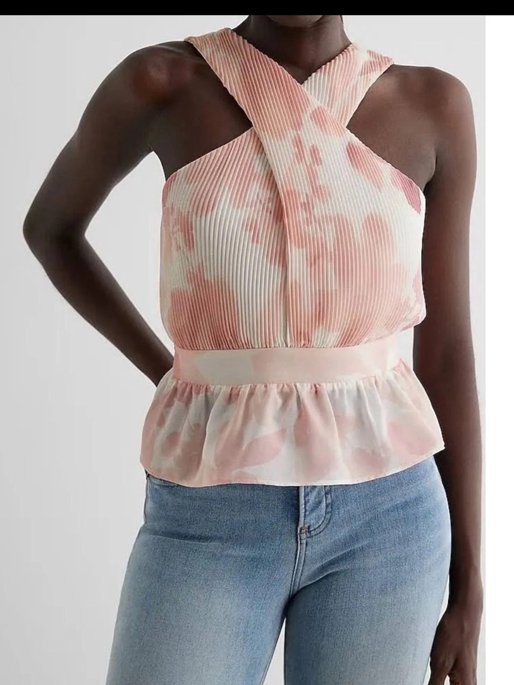 Express Pink and Cream Cross-Front Peplum Camisole